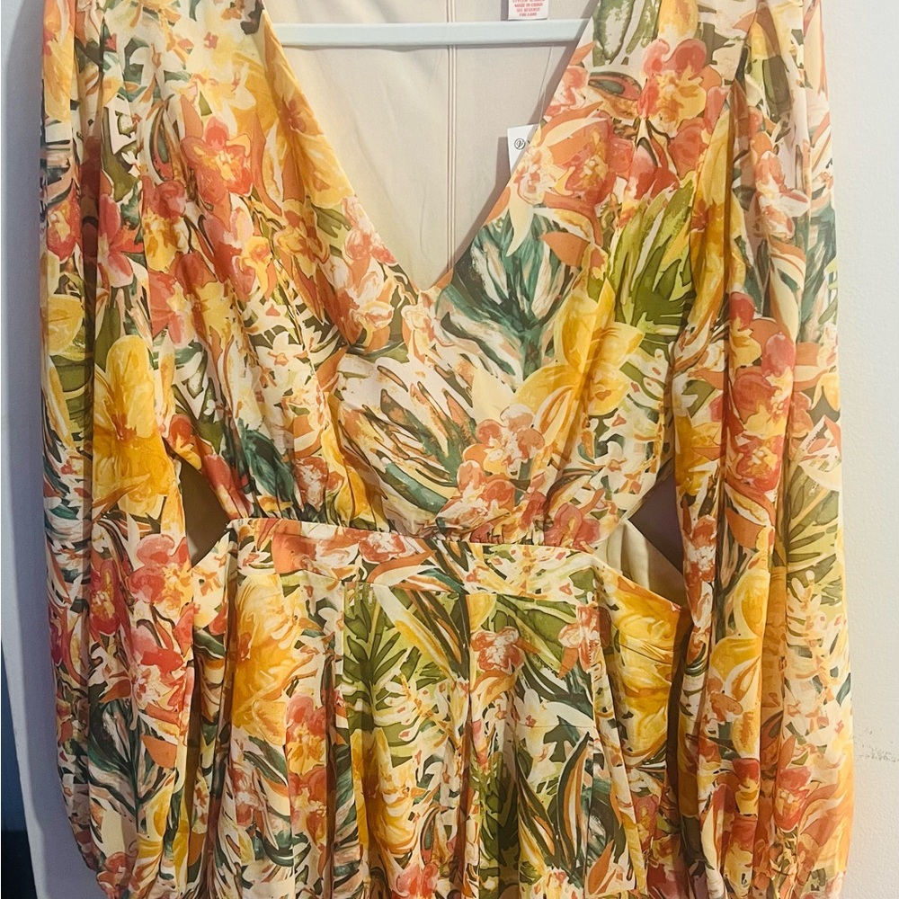 Floral V-Neck Long Sleeve Side Cut Out Dress